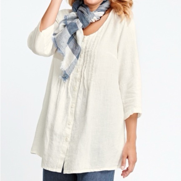 Flax Cream Celebration Blouse button front pockets 100% linen size medium tunic - Picture 1 of 8